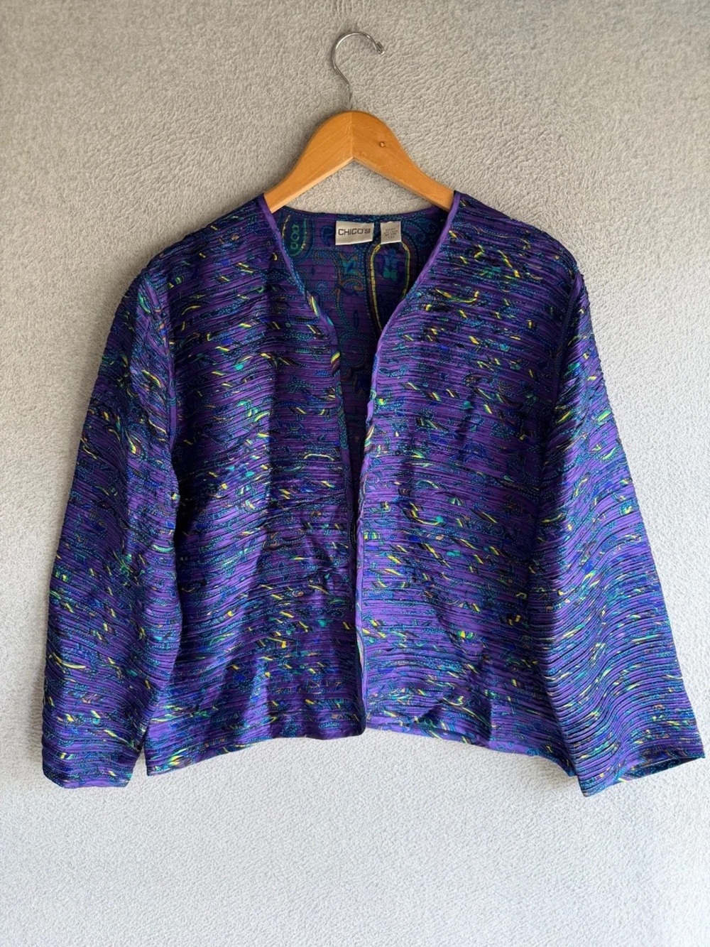 Chico's Purple Multicolor Textured Open Jacket